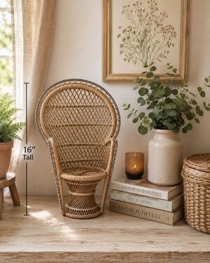 Vintage Wicker Rattan Doll Chair 16” Boho Decor Peacock Plant Stand Fan Back